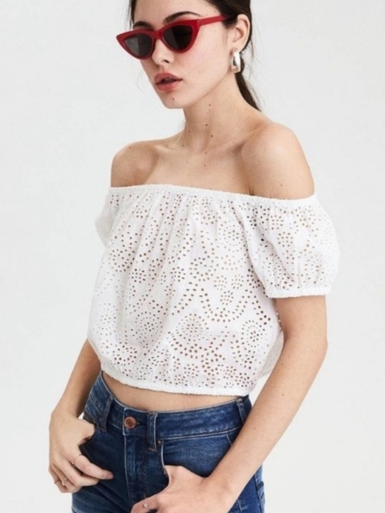 American Eagle Outfitters Tops - American Eagle Womens White Off Shoulder Eyelet Crop Top Size Small